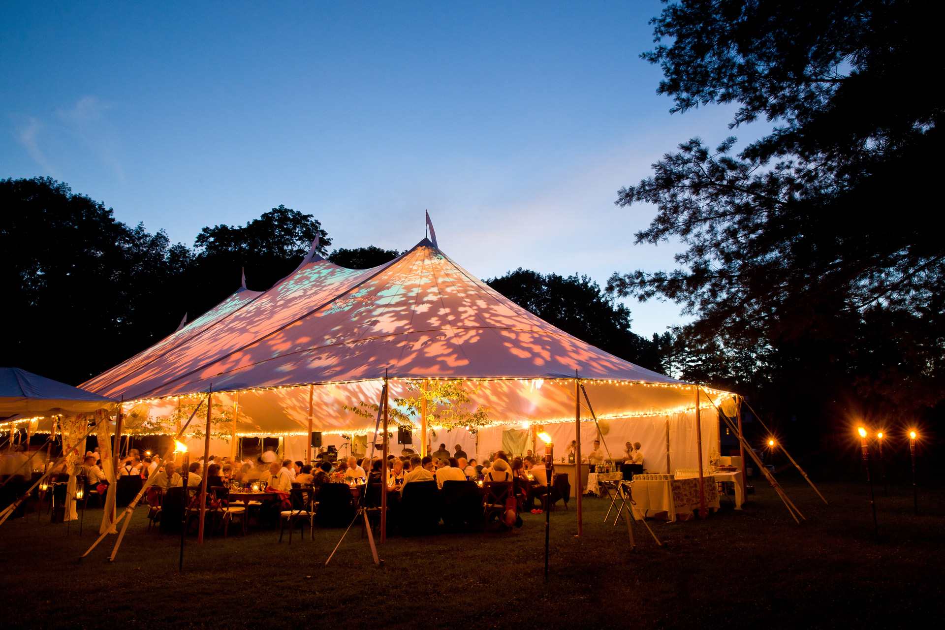 Tente d'événement spécial éclairée de l'intérieur avec un ciel bleu foncé et des arbres.